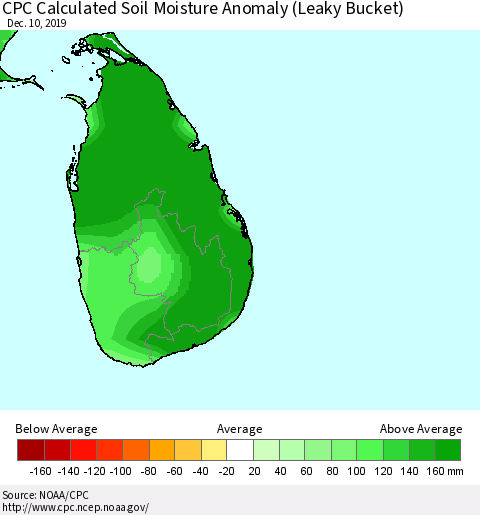 Sri Lanka CPC Soil Moisture Departure from Normal (Leaky Bucket) Thematic Map For 12/6/2019 - 12/10/2019