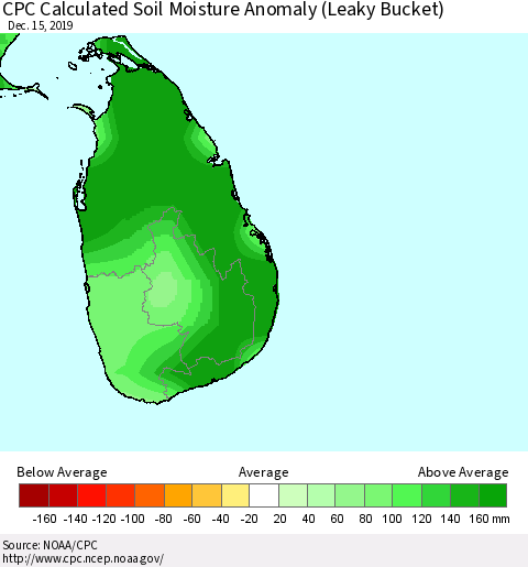 Sri Lanka CPC Calculated Soil Moisture Anomaly (Leaky Bucket) Thematic Map For 12/11/2019 - 12/15/2019