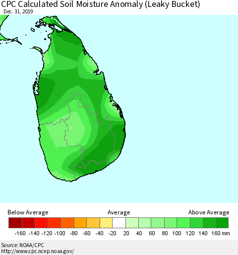 Sri Lanka CPC Soil Moisture Anomaly (Leaky Bucket) Thematic Map For 12/26/2019 - 12/31/2019