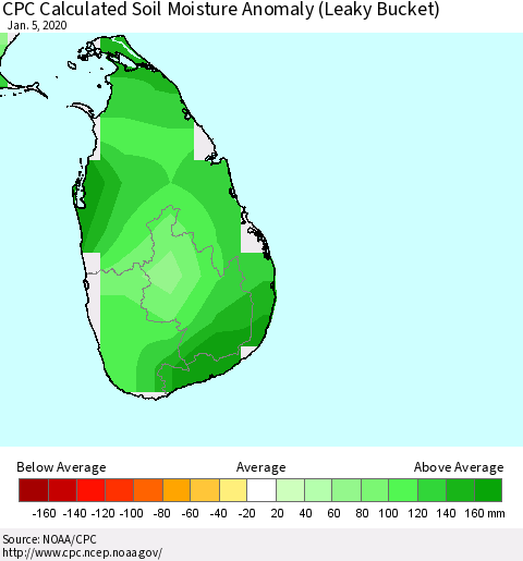 Sri Lanka CPC Soil Moisture Anomaly (Leaky Bucket) Thematic Map For 1/1/2020 - 1/5/2020