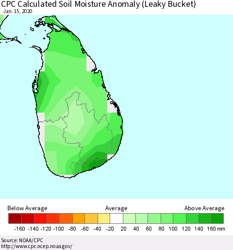 Sri Lanka CPC Soil Moisture Anomaly (Leaky Bucket) Thematic Map For 1/11/2020 - 1/15/2020