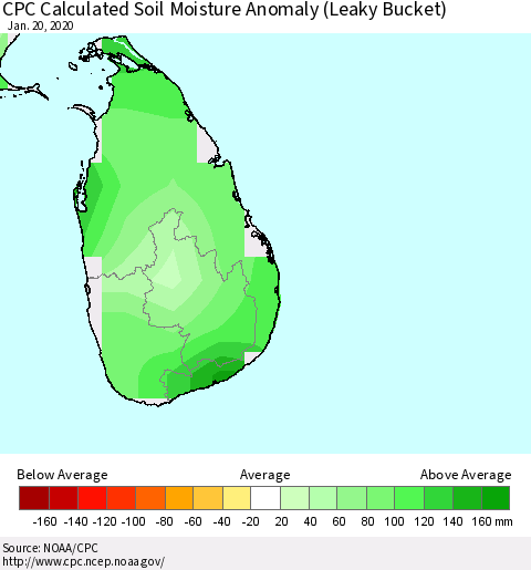 Sri Lanka CPC Soil Moisture Departure from Normal (Leaky Bucket) Thematic Map For 1/16/2020 - 1/20/2020