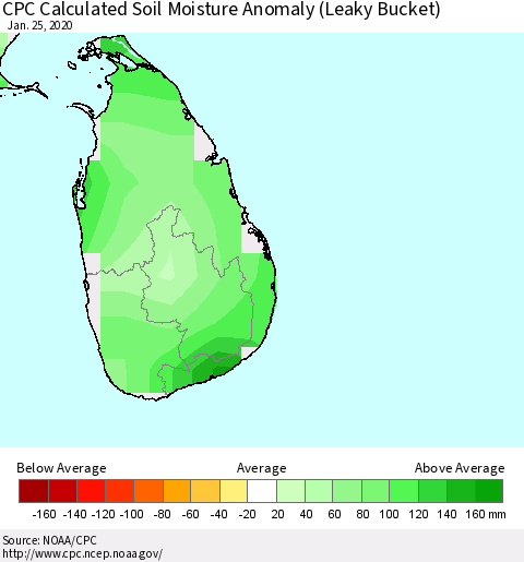 Sri Lanka CPC Soil Moisture Anomaly (Leaky Bucket) Thematic Map For 1/21/2020 - 1/25/2020