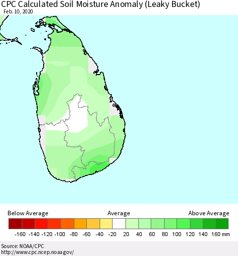 Sri Lanka CPC Soil Moisture Departure from Normal (Leaky Bucket) Thematic Map For 2/6/2020 - 2/10/2020