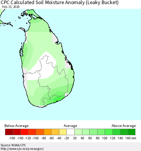 Sri Lanka CPC Soil Moisture Anomaly (Leaky Bucket) Thematic Map For 2/11/2020 - 2/15/2020