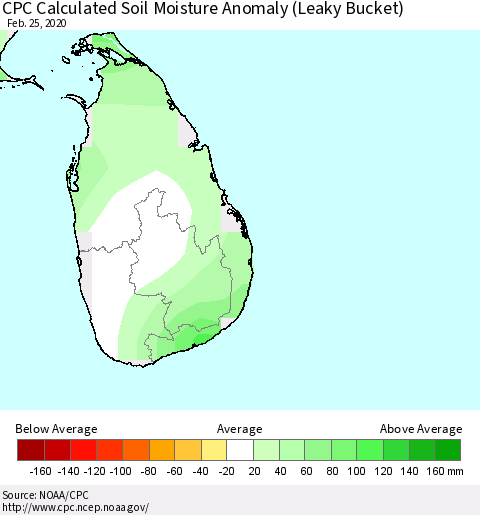 Sri Lanka CPC Soil Moisture Departure from Normal (Leaky Bucket) Thematic Map For 2/21/2020 - 2/25/2020