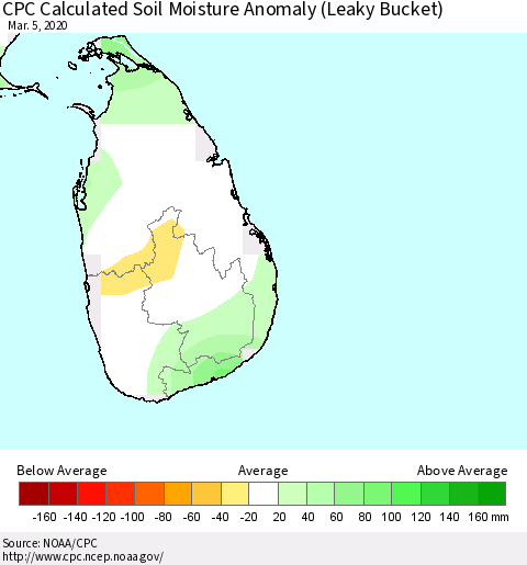 Sri Lanka CPC Soil Moisture Departure from Normal (Leaky Bucket) Thematic Map For 3/1/2020 - 3/5/2020