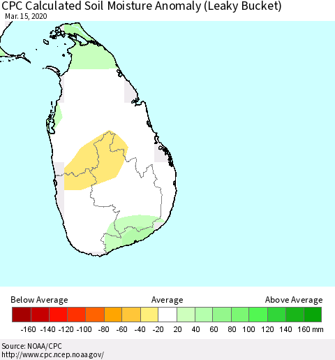 Sri Lanka CPC Calculated Soil Moisture Anomaly (Leaky Bucket) Thematic Map For 3/11/2020 - 3/15/2020