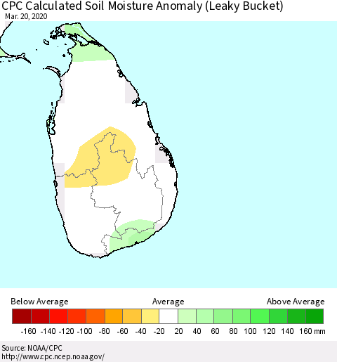 Sri Lanka CPC Calculated Soil Moisture Anomaly (Leaky Bucket) Thematic Map For 3/16/2020 - 3/20/2020