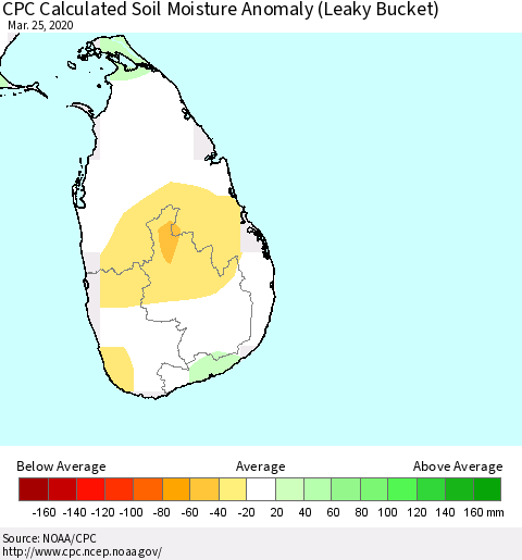 Sri Lanka CPC Soil Moisture Anomaly (Leaky Bucket) Thematic Map For 3/21/2020 - 3/25/2020