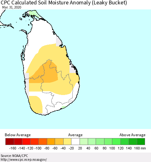 Sri Lanka CPC Soil Moisture Anomaly (Leaky Bucket) Thematic Map For 3/26/2020 - 3/31/2020