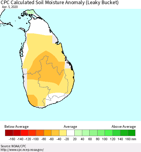 Sri Lanka CPC Soil Moisture Departure from Normal (Leaky Bucket) Thematic Map For 4/1/2020 - 4/5/2020