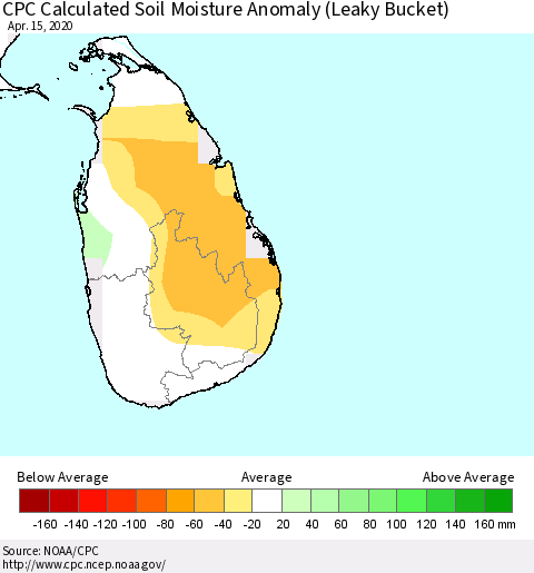 Sri Lanka CPC Soil Moisture Departure from Normal (Leaky Bucket) Thematic Map For 4/11/2020 - 4/15/2020