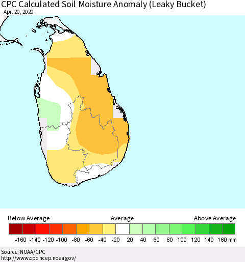 Sri Lanka CPC Calculated Soil Moisture Anomaly (Leaky Bucket) Thematic Map For 4/16/2020 - 4/20/2020