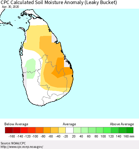 Sri Lanka CPC Calculated Soil Moisture Anomaly (Leaky Bucket) Thematic Map For 4/26/2020 - 4/30/2020