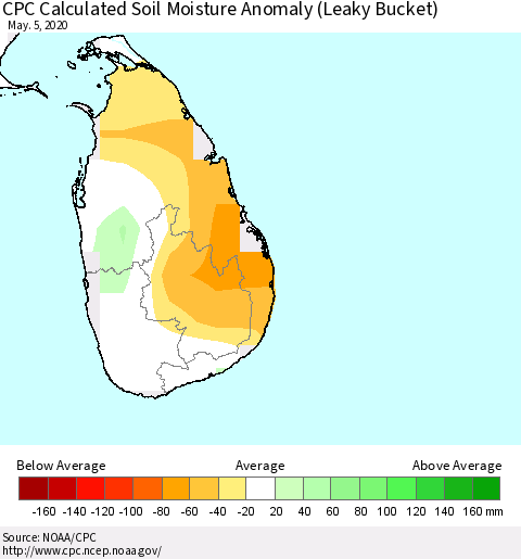 Sri Lanka CPC Soil Moisture Departure from Normal (Leaky Bucket) Thematic Map For 5/1/2020 - 5/5/2020