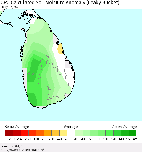 Sri Lanka CPC Soil Moisture Departure from Normal (Leaky Bucket) Thematic Map For 5/11/2020 - 5/15/2020