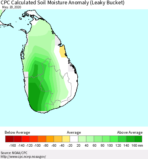 Sri Lanka CPC Calculated Soil Moisture Anomaly (Leaky Bucket) Thematic Map For 5/16/2020 - 5/20/2020