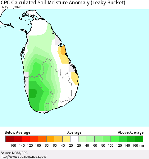 Sri Lanka CPC Calculated Soil Moisture Anomaly (Leaky Bucket) Thematic Map For 5/26/2020 - 5/31/2020