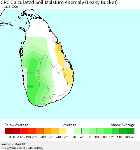 Sri Lanka CPC Soil Moisture Departure from Normal (Leaky Bucket) Thematic Map For 6/1/2020 - 6/5/2020
