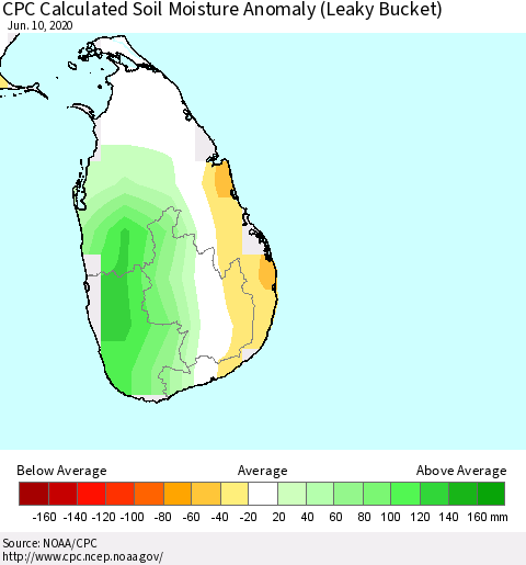 Sri Lanka CPC Soil Moisture Departure from Normal (Leaky Bucket) Thematic Map For 6/6/2020 - 6/10/2020