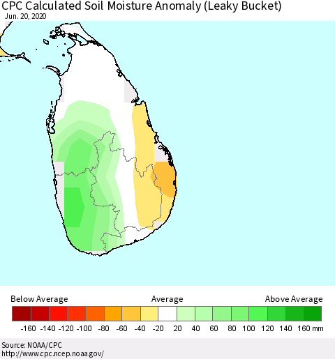 Sri Lanka CPC Soil Moisture Departure from Normal (Leaky Bucket) Thematic Map For 6/16/2020 - 6/20/2020