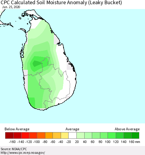 Sri Lanka CPC Soil Moisture Departure from Normal (Leaky Bucket) Thematic Map For 6/21/2020 - 6/25/2020