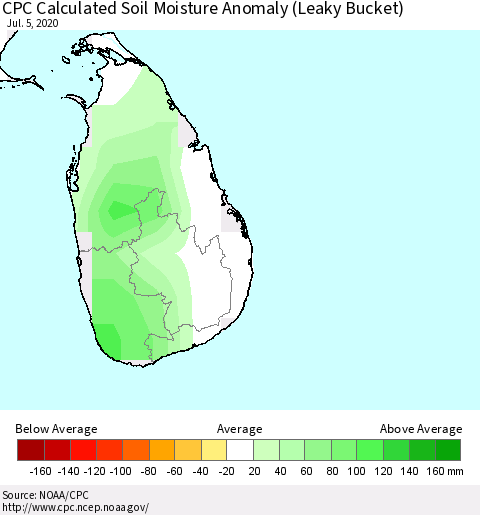 Sri Lanka CPC Calculated Soil Moisture Anomaly (Leaky Bucket) Thematic Map For 7/1/2020 - 7/5/2020