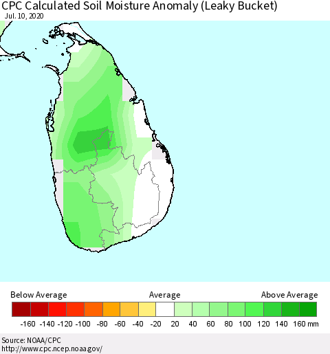 Sri Lanka CPC Soil Moisture Departure from Normal (Leaky Bucket) Thematic Map For 7/6/2020 - 7/10/2020