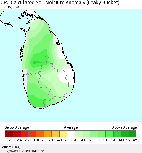 Sri Lanka CPC Soil Moisture Departure from Normal (Leaky Bucket) Thematic Map For 7/11/2020 - 7/15/2020