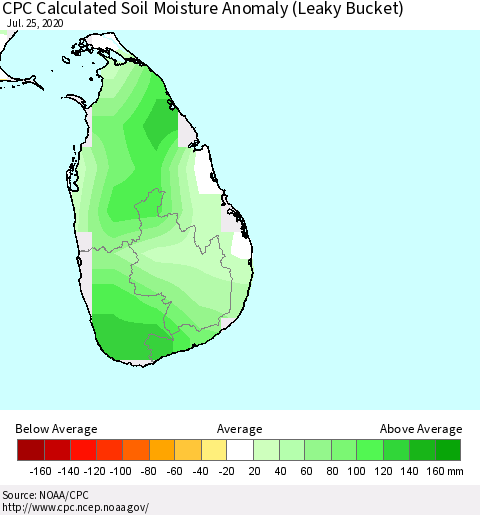 Sri Lanka CPC Soil Moisture Departure from Normal (Leaky Bucket) Thematic Map For 7/21/2020 - 7/25/2020