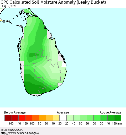 Sri Lanka CPC Soil Moisture Departure from Normal (Leaky Bucket) Thematic Map For 8/1/2020 - 8/5/2020