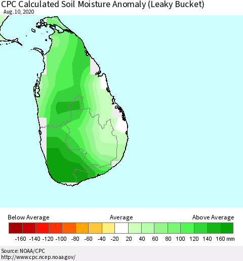 Sri Lanka CPC Calculated Soil Moisture Anomaly (Leaky Bucket) Thematic Map For 8/6/2020 - 8/10/2020