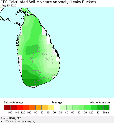 Sri Lanka CPC Calculated Soil Moisture Anomaly (Leaky Bucket) Thematic Map For 8/11/2020 - 8/15/2020