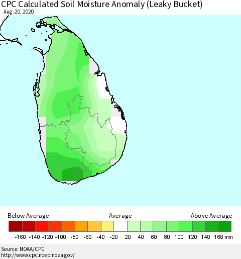 Sri Lanka CPC Soil Moisture Departure from Normal (Leaky Bucket) Thematic Map For 8/16/2020 - 8/20/2020