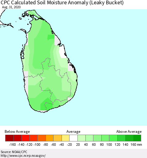 Sri Lanka CPC Soil Moisture Departure from Normal (Leaky Bucket) Thematic Map For 8/26/2020 - 8/31/2020
