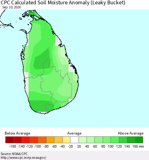 Sri Lanka CPC Calculated Soil Moisture Anomaly (Leaky Bucket) Thematic Map For 9/6/2020 - 9/10/2020