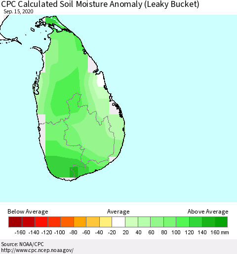 Sri Lanka CPC Soil Moisture Departure from Normal (Leaky Bucket) Thematic Map For 9/11/2020 - 9/15/2020