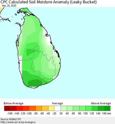 Sri Lanka CPC Soil Moisture Departure from Normal (Leaky Bucket) Thematic Map For 9/16/2020 - 9/20/2020