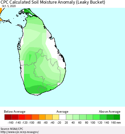 Sri Lanka CPC Soil Moisture Departure from Normal (Leaky Bucket) Thematic Map For 10/1/2020 - 10/5/2020