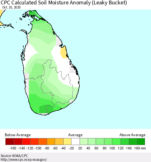Sri Lanka CPC Calculated Soil Moisture Anomaly (Leaky Bucket) Thematic Map For 10/6/2020 - 10/10/2020