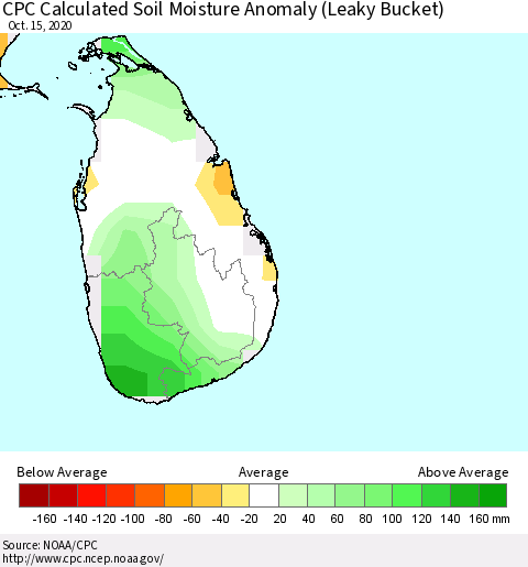 Sri Lanka CPC Calculated Soil Moisture Anomaly (Leaky Bucket) Thematic Map For 10/11/2020 - 10/15/2020