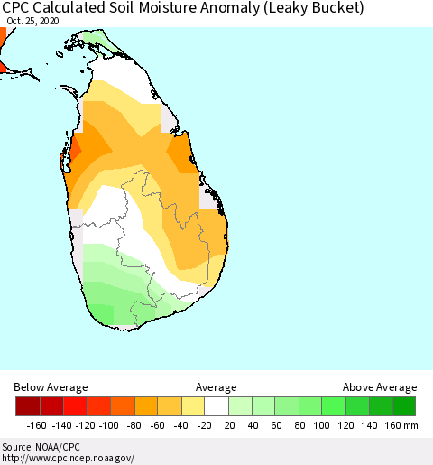 Sri Lanka CPC Calculated Soil Moisture Anomaly (Leaky Bucket) Thematic Map For 10/21/2020 - 10/25/2020