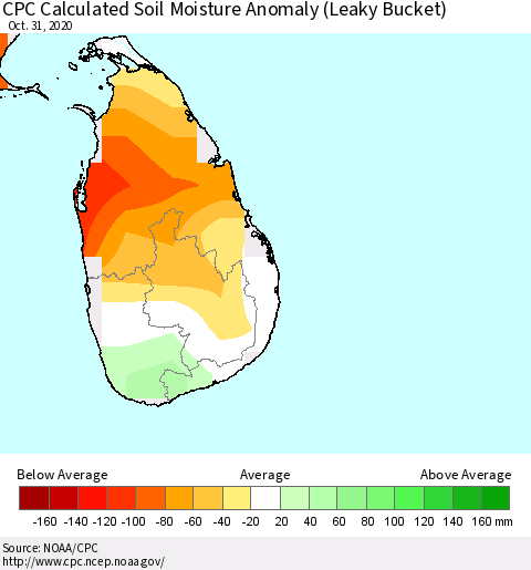 Sri Lanka CPC Soil Moisture Departure from Normal (Leaky Bucket) Thematic Map For 10/26/2020 - 10/31/2020