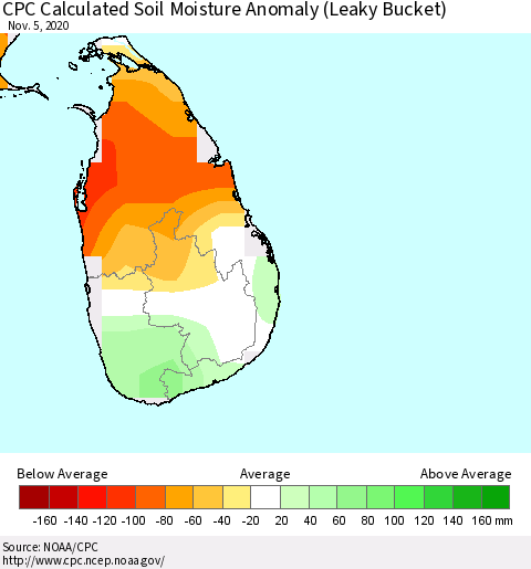 Sri Lanka CPC Calculated Soil Moisture Anomaly (Leaky Bucket) Thematic Map For 11/1/2020 - 11/5/2020