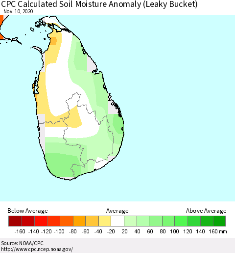 Sri Lanka CPC Soil Moisture Anomaly (Leaky Bucket) Thematic Map For 11/6/2020 - 11/10/2020