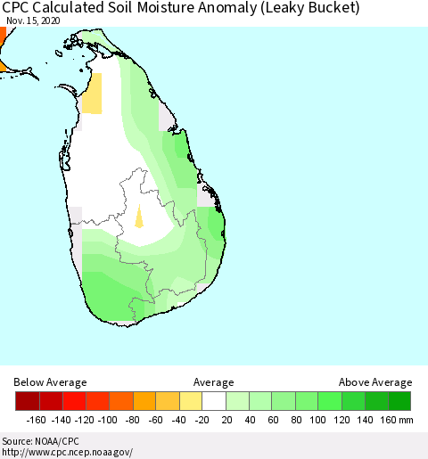 Sri Lanka CPC Soil Moisture Departure from Normal (Leaky Bucket) Thematic Map For 11/11/2020 - 11/15/2020