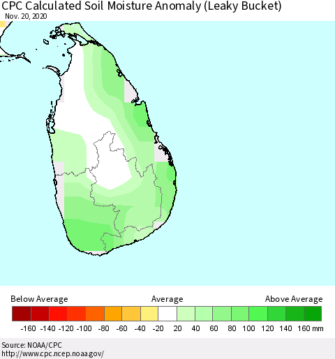 Sri Lanka CPC Calculated Soil Moisture Anomaly (Leaky Bucket) Thematic Map For 11/16/2020 - 11/20/2020