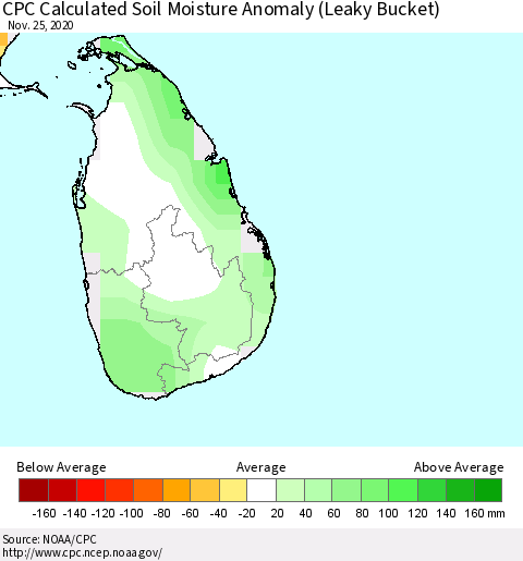 Sri Lanka CPC Soil Moisture Departure from Normal (Leaky Bucket) Thematic Map For 11/21/2020 - 11/25/2020
