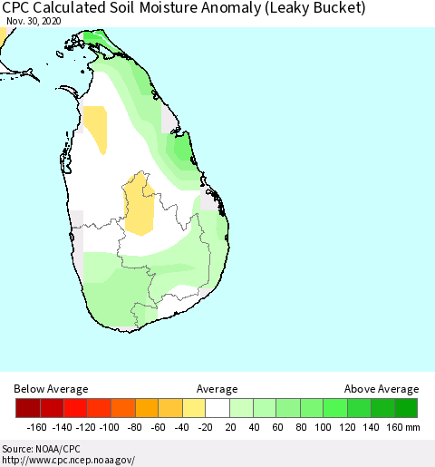 Sri Lanka CPC Soil Moisture Anomaly (Leaky Bucket) Thematic Map For 11/26/2020 - 11/30/2020